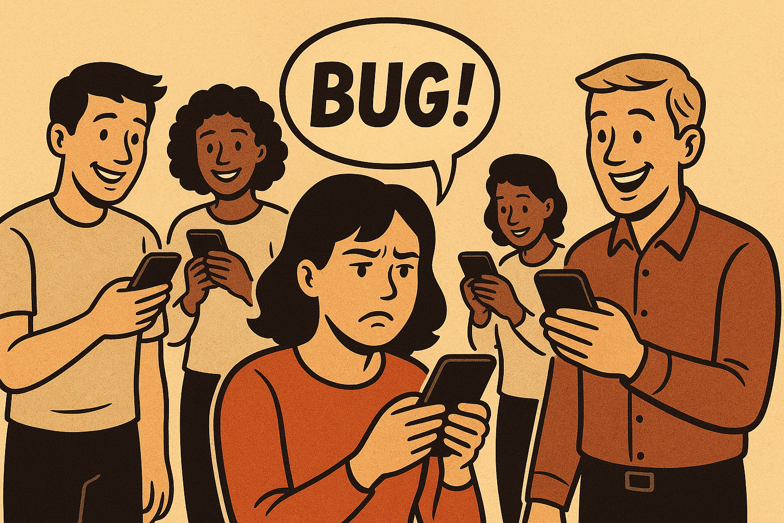 Group of people on phones; one person looks frustrated. Speech bubble says "BUG!" Cartoon style with warm colors.
