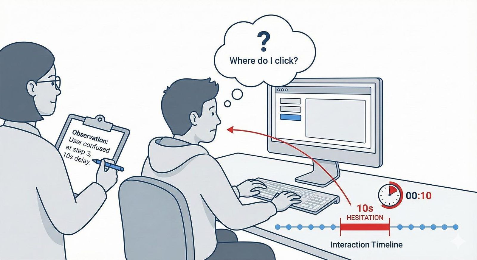 User sits at a computer, confused, thinking "Where do I click?" An observer notes a 10s delay on a clipboard. Interaction timeline visible.