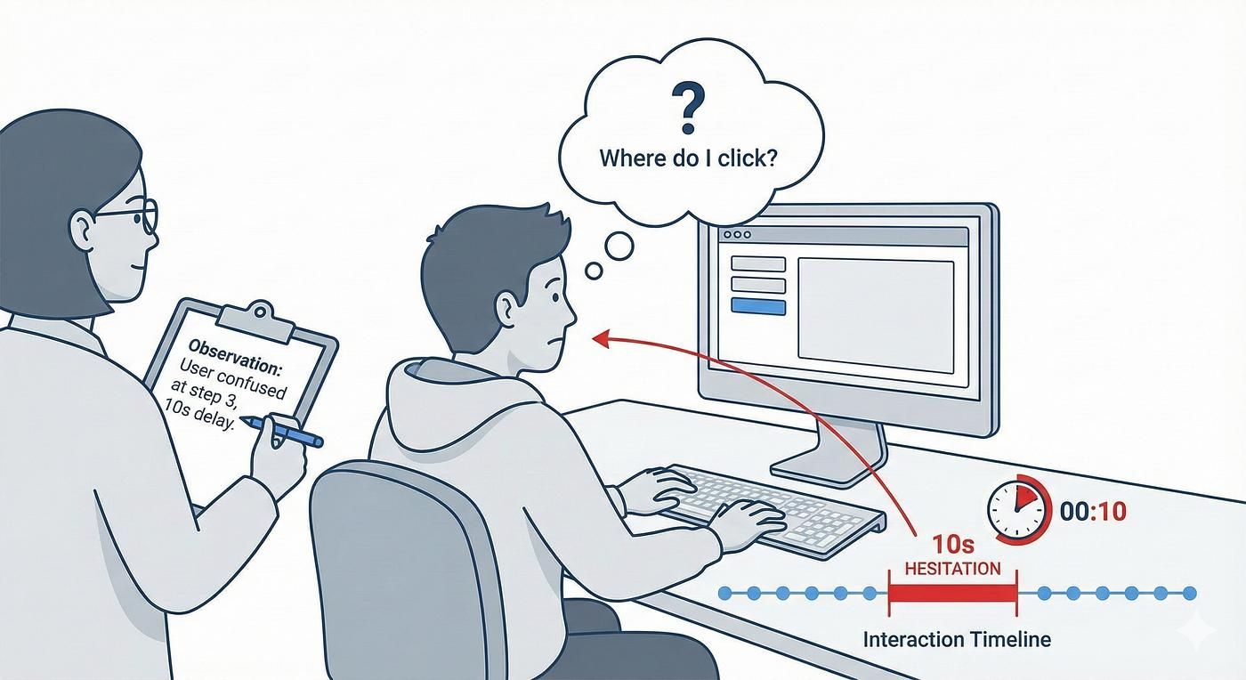 User sits at a computer, confused, thinking "Where do I click?" An observer notes a 10s delay on a clipboard. Interaction timeline visible.