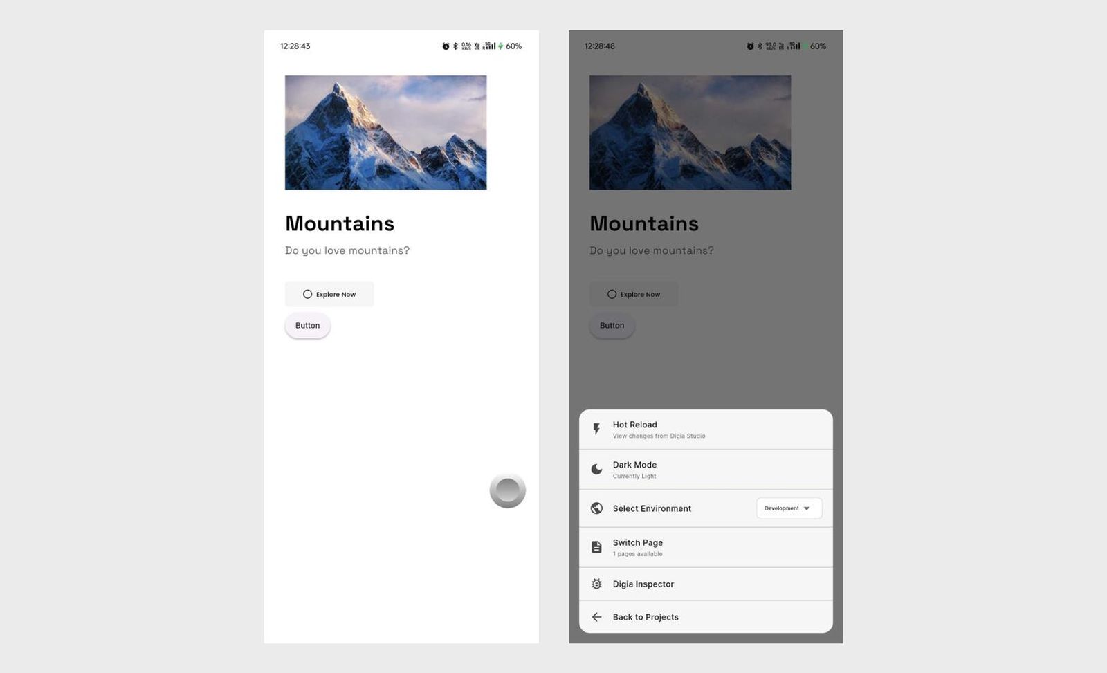 Mobile app screen showing a card-style layout with a mountain image, title “Mountains,” supporting text, and buttons for user interaction, with a partial developer options panel visible on the side.