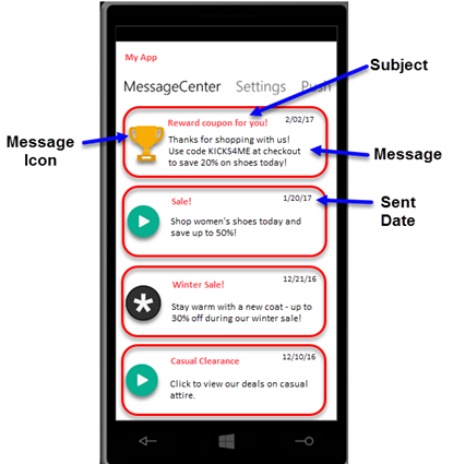 Smartphone screen displaying messages in a messaging app. Topics include coupons and sales. Features icons, dates, and promotional text.