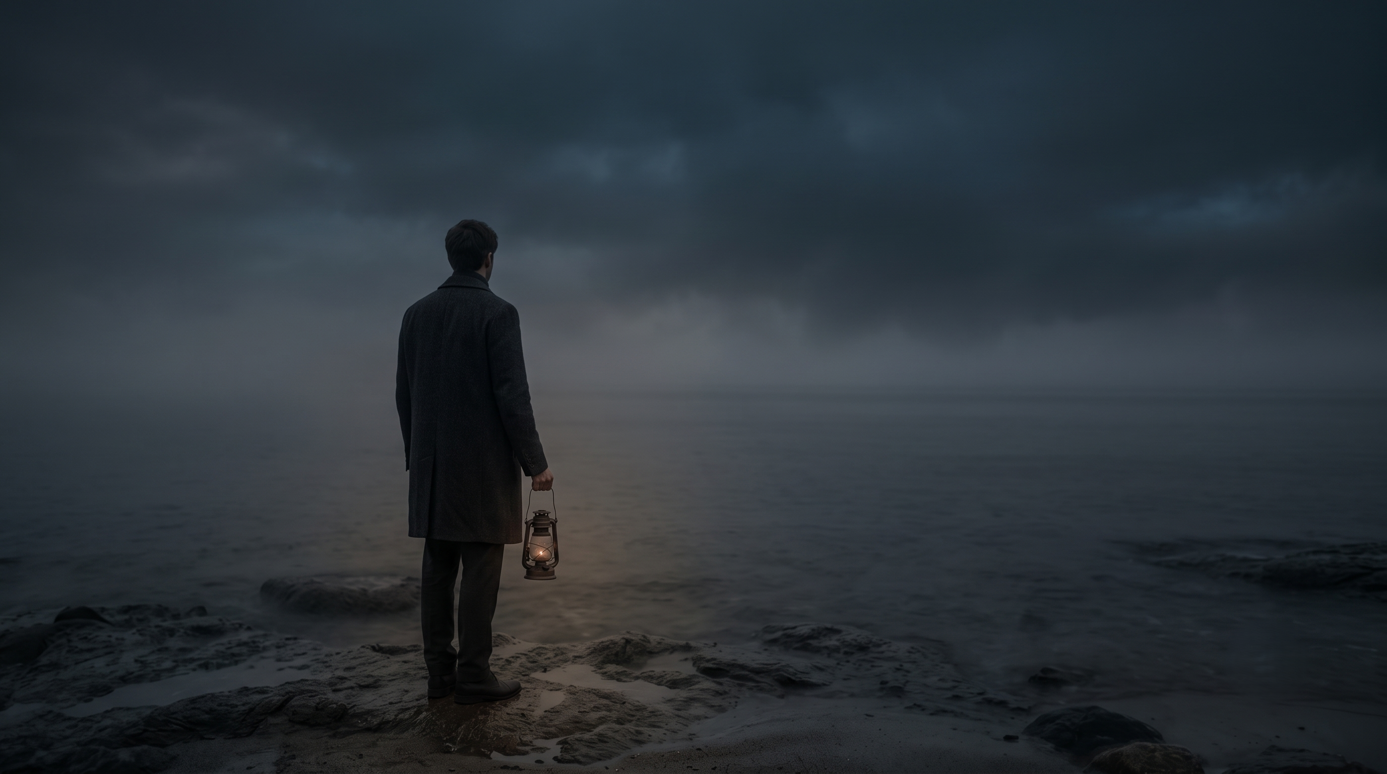 A wide, moody landscape photograph of a solitary man in a dark overcoat, viewed from behind, standing on rocky terrain at dusk. He holds a lit traditional lantern that provides the only warm light, looking out over a vast, fog-shrouded body of water under a dark, diffused sky.