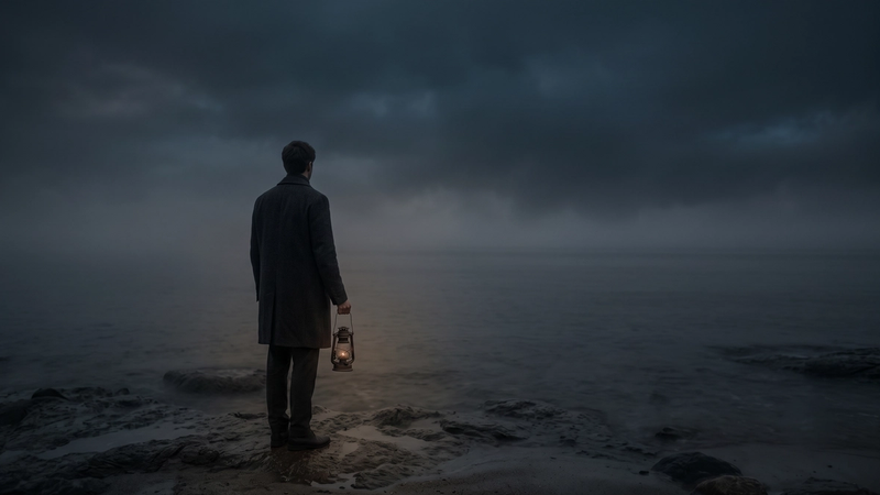 A wide, moody landscape photograph of a solitary man in a dark overcoat, viewed from behind, standing on rocky terrain at dusk. He holds a lit traditional lantern that provides the only warm light, looking out over a vast, fog-shrouded body of water under a dark, diffused sky.