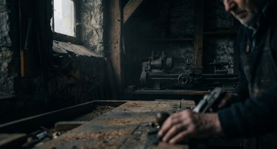 Craftsman working at a wooden workbench in a dimly lit workshop, focusing on a woodworking task surrounded by traditional tools and machinery.