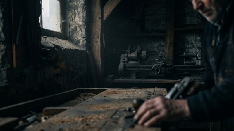 Craftsman working at a wooden workbench in a dimly lit workshop, focusing on a woodworking task surrounded by traditional tools and machinery.