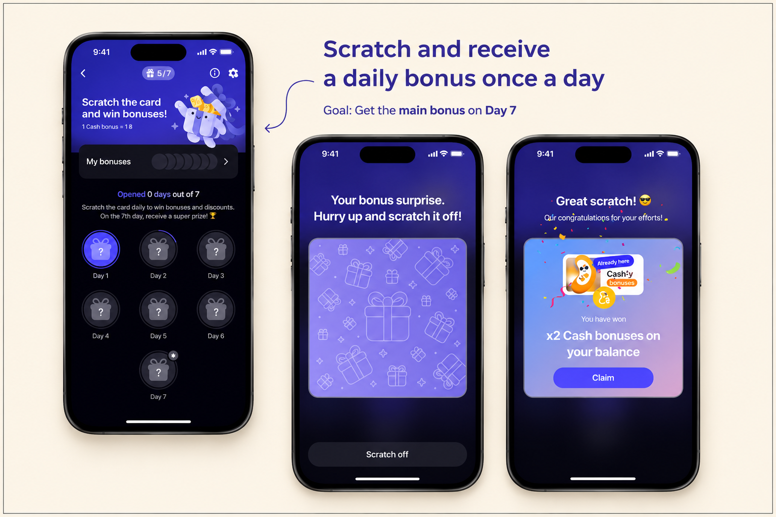Scratch card UI with a partially revealed reward.