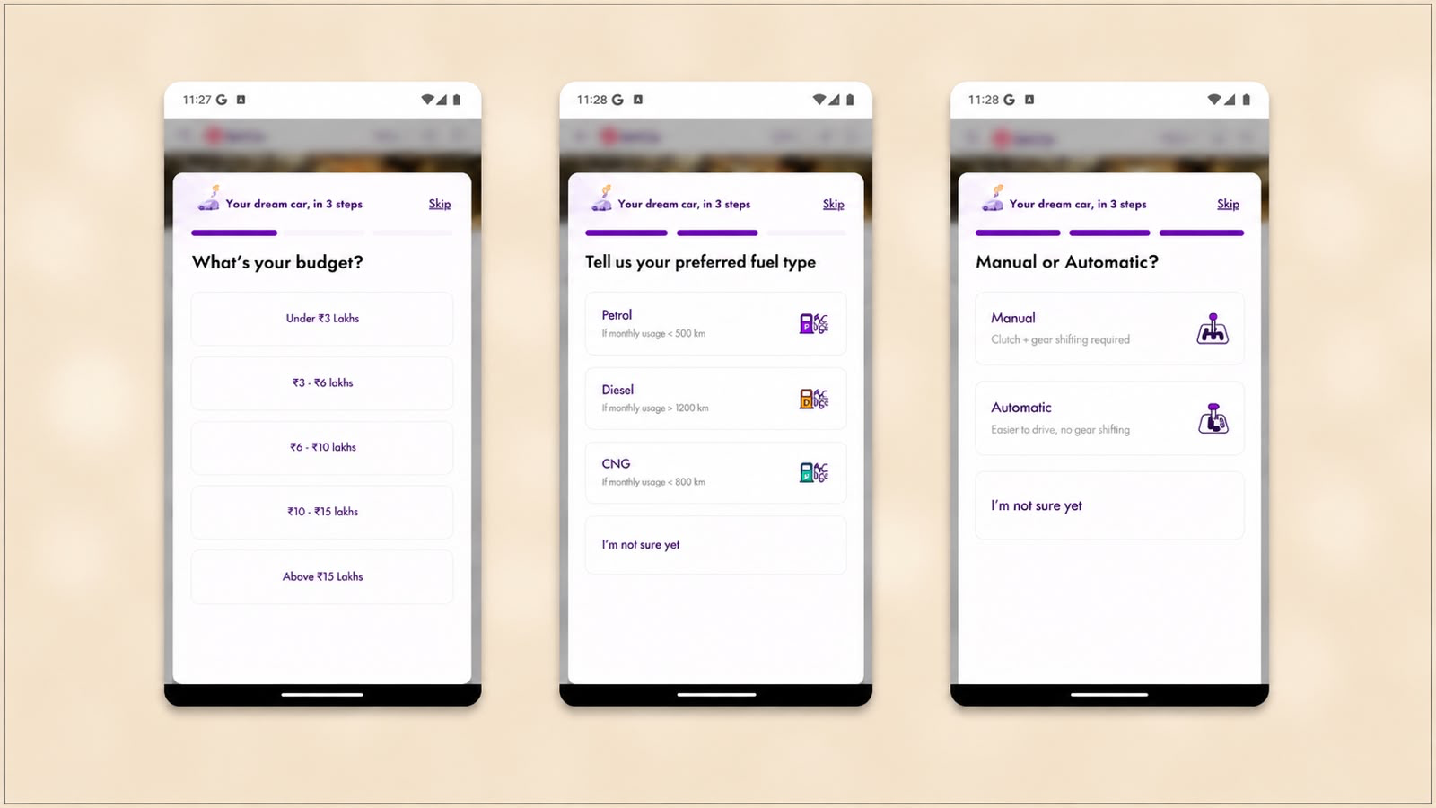 Three smartphone screens showing a car buying app onboarding flow for budget, fuel type, and transmission selection.