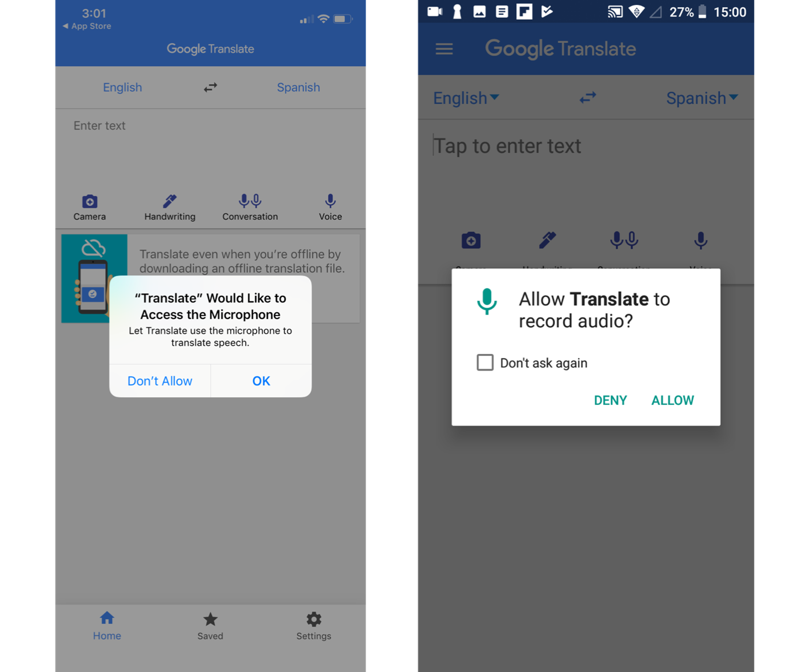 Google Translate app screenshots show a microphone access request. Options include "Don't Allow, OK" and "Deny, Allow.".