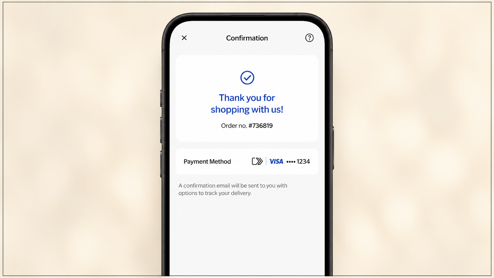 Mobile order confirmation screen, ideal for post-purchase rewards.