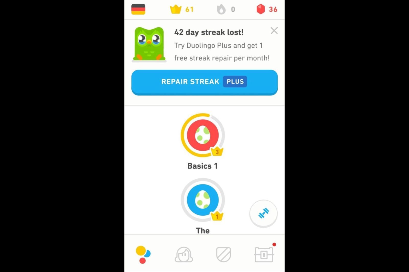 Duolingo streak restoration flow allowing users to recover a previously lost streak.