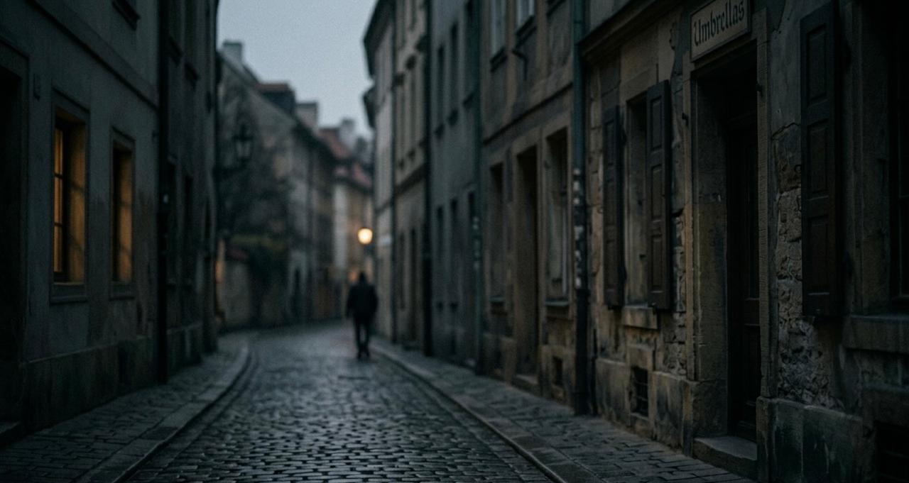 Dark, narrow cobblestone street lined with old buildings at dusk, with a lone blurred figure walking in the distance under dim streetlights, creating a moody and cinematic atmosphere.