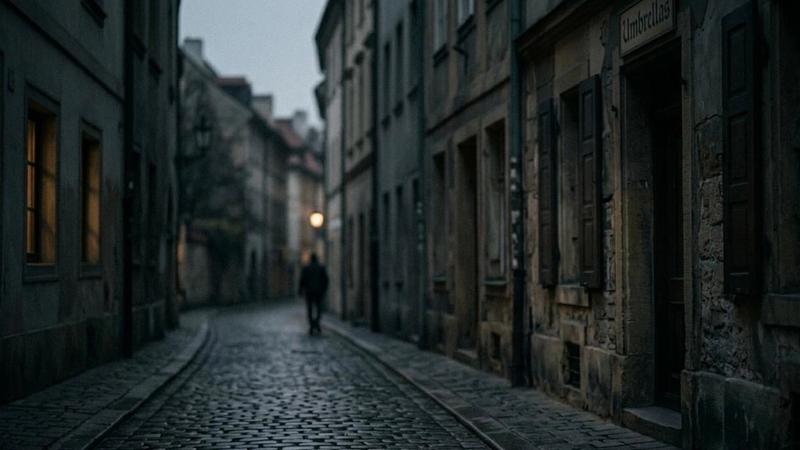 Dark, narrow cobblestone street lined with old buildings at dusk, with a lone blurred figure walking in the distance under dim streetlights, creating a moody and cinematic atmosphere.