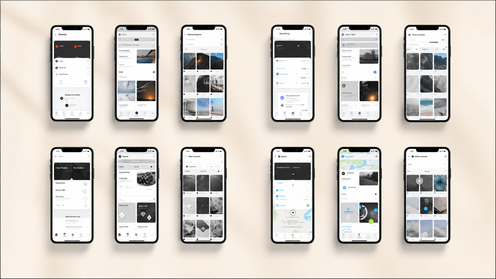 A clean 16:9 presentation layout places the original screenshot unchanged on a soft cream blurred background with a thin 0.75px black border around the overall image. The design displays twelve mobile app interface screens arranged in a two-row grid, showcasing dashboards, search pages, galleries, maps, collections, and content browsing while preserving every detail of the original screenshots.