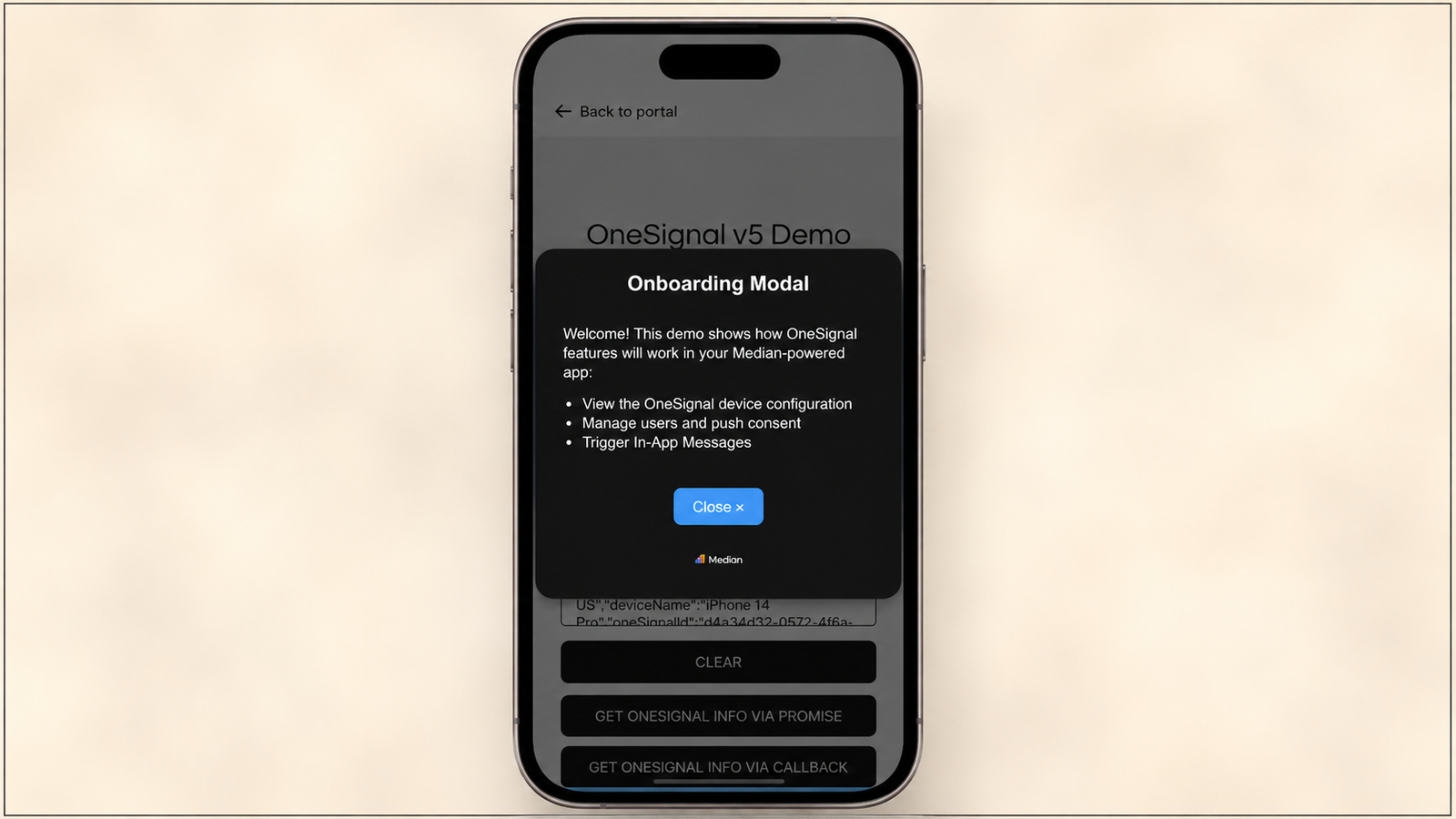 OneSignal v5 onboarding modal displayed on a mobile app screen, showing push notification setup, user consent management, and in-app messaging features.