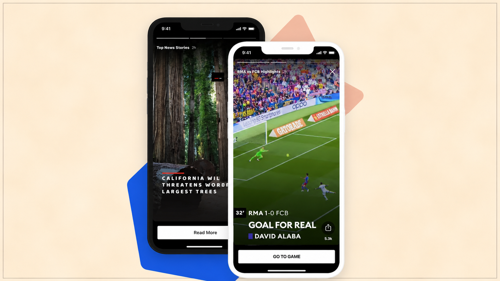Two smartphone screens displaying full-screen, story-style content are shown side by side. The left screen features a news story about California wildfires with a "Read More" button, while the right screen displays a soccer match highlight with a "GO TO GAME" call-to-action. The image demonstrates immersive, vertical story experiences used for content discovery and user engagement.