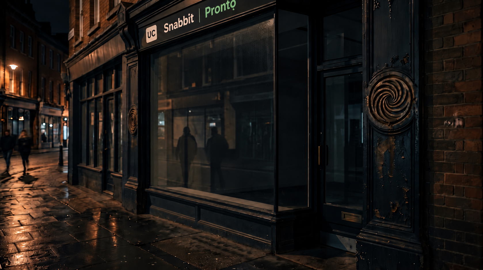 A dark, minimalist scene showing a glowing, arched doorway with a shadowy figure standing inside, partially reflected on a glossy floor, creating a mysterious and atmospheric mood.