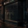 A dark, minimalist scene showing a glowing, arched doorway with a shadowy figure standing inside, partially reflected on a glossy floor, creating a mysterious and atmospheric mood.