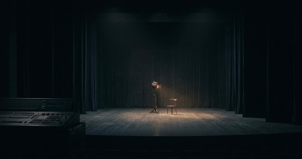 Dark theater stage with a single spotlight illuminating an empty chair, creating a dramatic and minimalist atmosphere