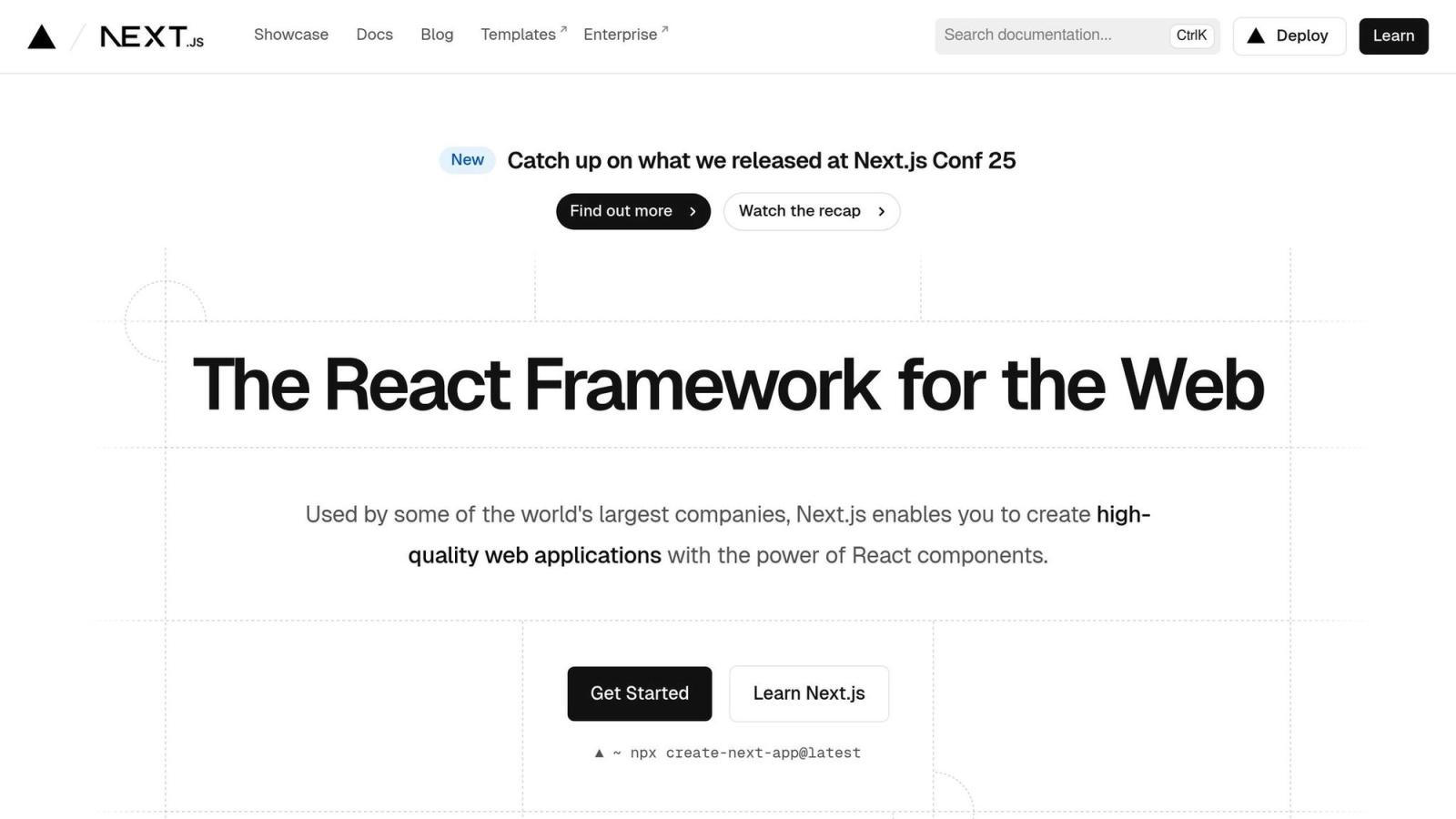 Next.js homepage featuring "The React Framework for the Web" text, buttons "Get Started" and "Learn Next.js," and black menu bar on top.