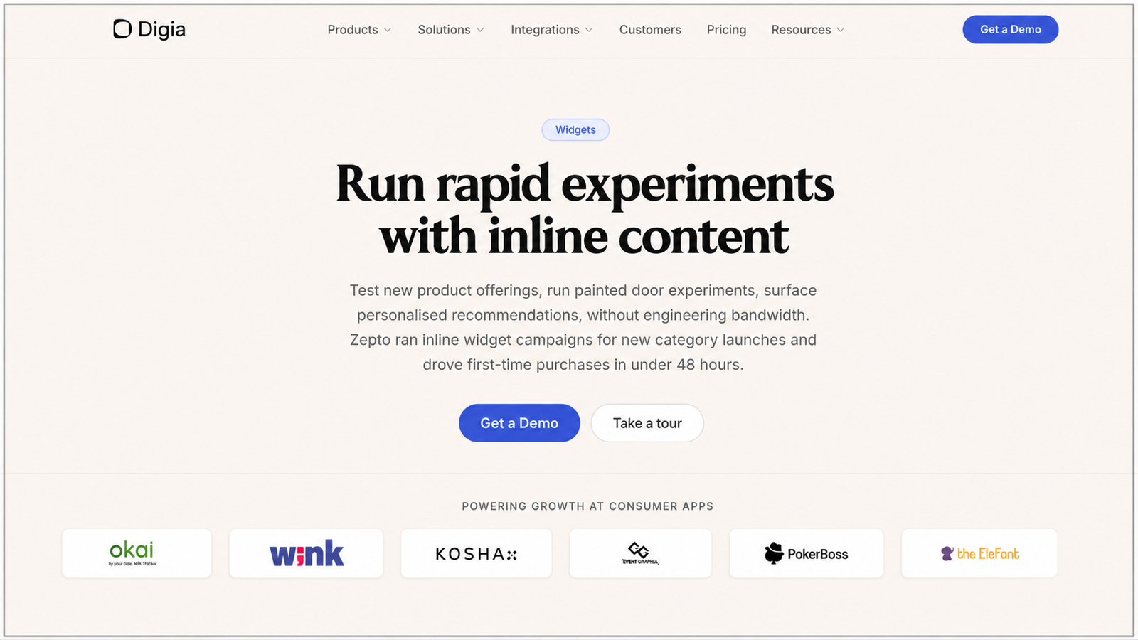 Digia Widgets webpage hero section featuring the headline “Run rapid experiments with inline content,” describing personalised recommendations and inline widget campaigns, with customer logos from OKAL, Wink, Kosha, Event Graphia, PokerBoss, and The ElfElefant.