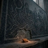 A dark, minimalist scene showing a glowing, arched doorway with a shadowy figure standing inside, partially reflected on a glossy floor, creating a mysterious and atmospheric mood.