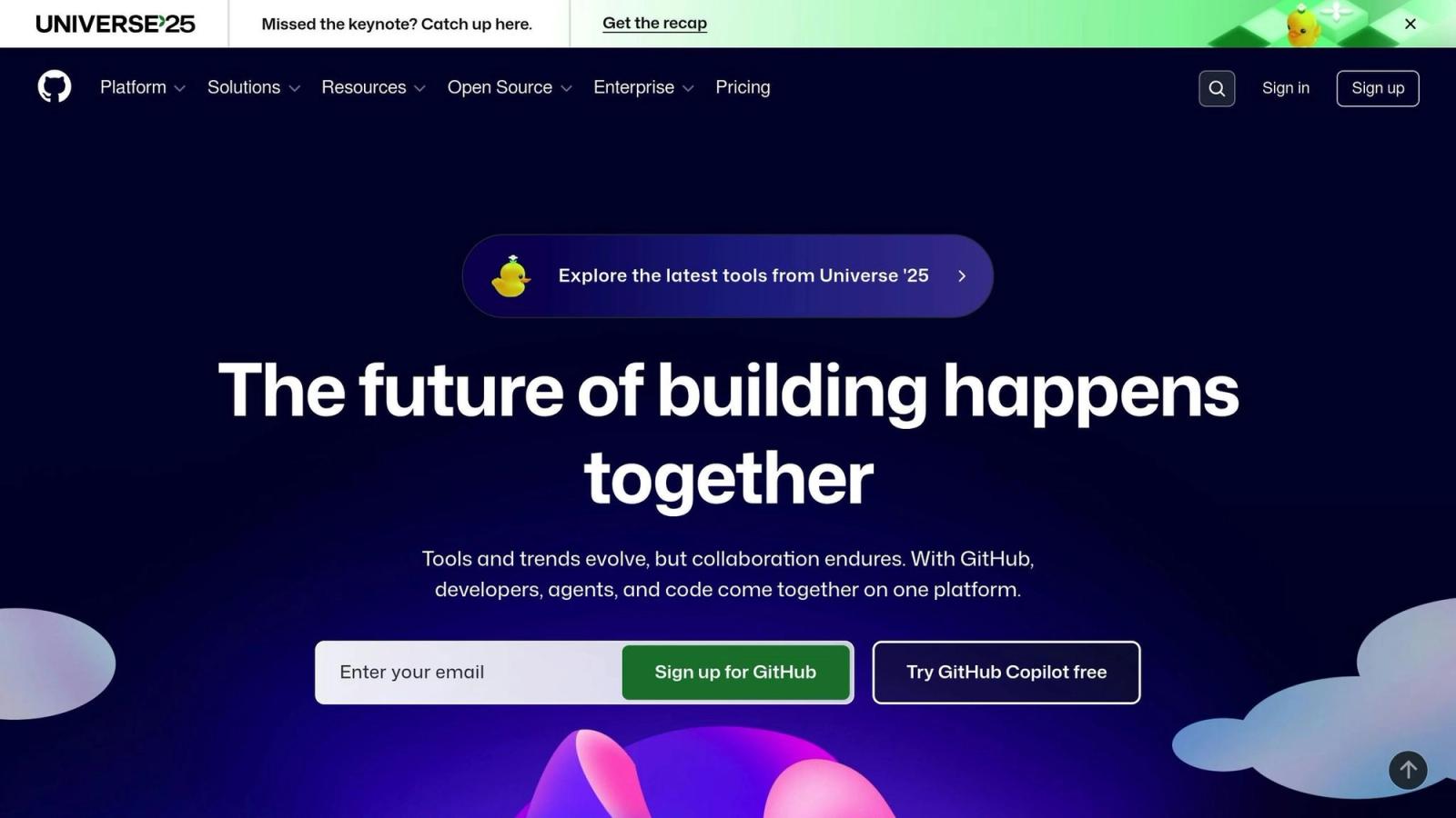 GitHub page with dark blue background, headline "The future of building happens together," and buttons for signing up or getting Copilot free.