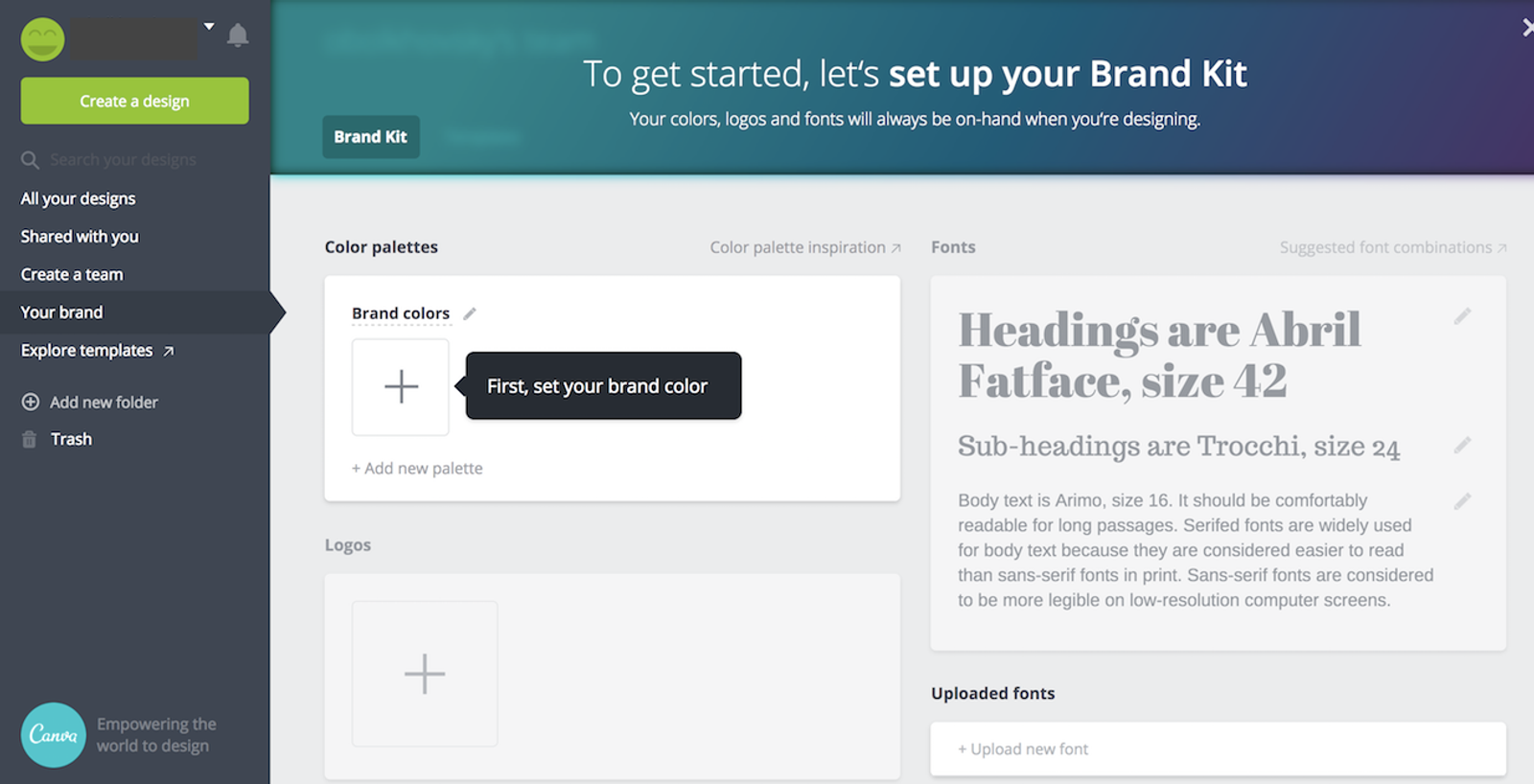 Brand kit setup screen with options for brand colors, fonts, and logo uploads. Text prompts guide users to select options.