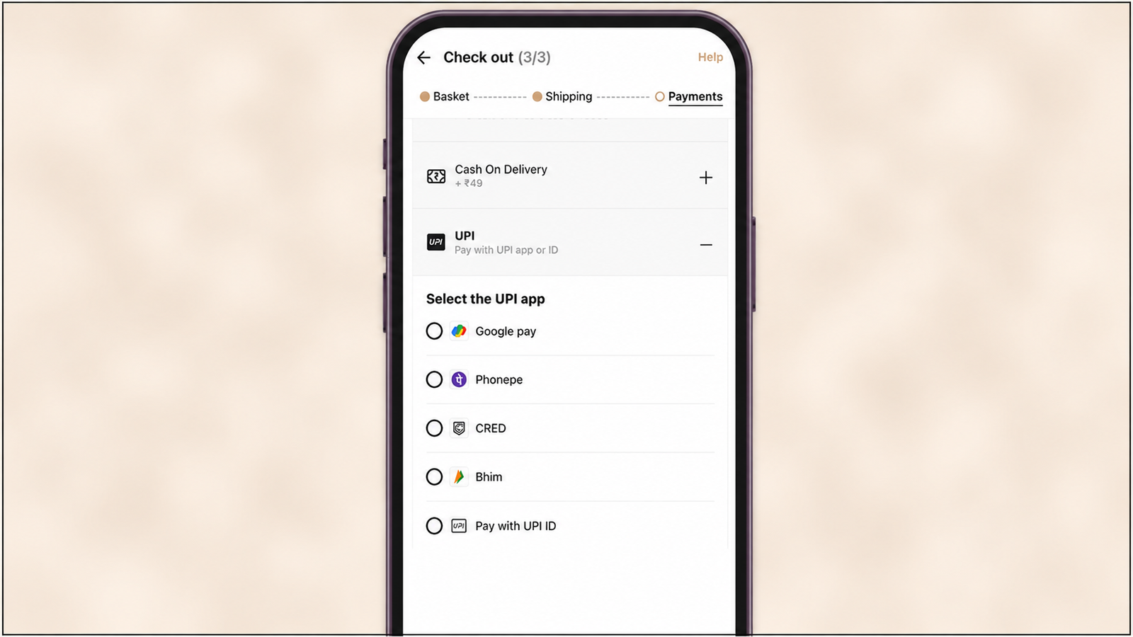 Mobile checkout screen showing UPI payment options, including Google Pay, PhonePe, CRED, BHIM, and UPI ID, alongside Cash on Delivery during the final payment step.