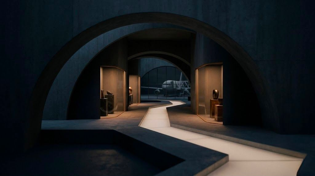 A dark, minimalist scene showing a glowing, arched doorway with a shadowy figure standing inside, partially reflected on a glossy floor, creating a mysterious and atmospheric mood.