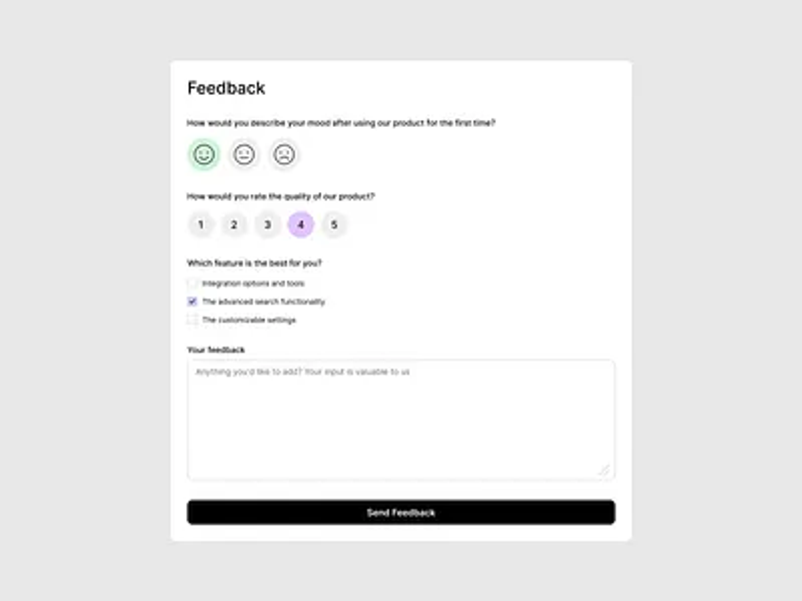 In-app feedback form combining emoji sentiment, a five-point product rating, feature selection checkboxes, and an optional text comment field with a submit button.