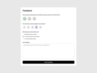 In-app feedback form combining emoji sentiment, a five-point product rating, feature selection checkboxes, and an optional text comment field with a submit button.