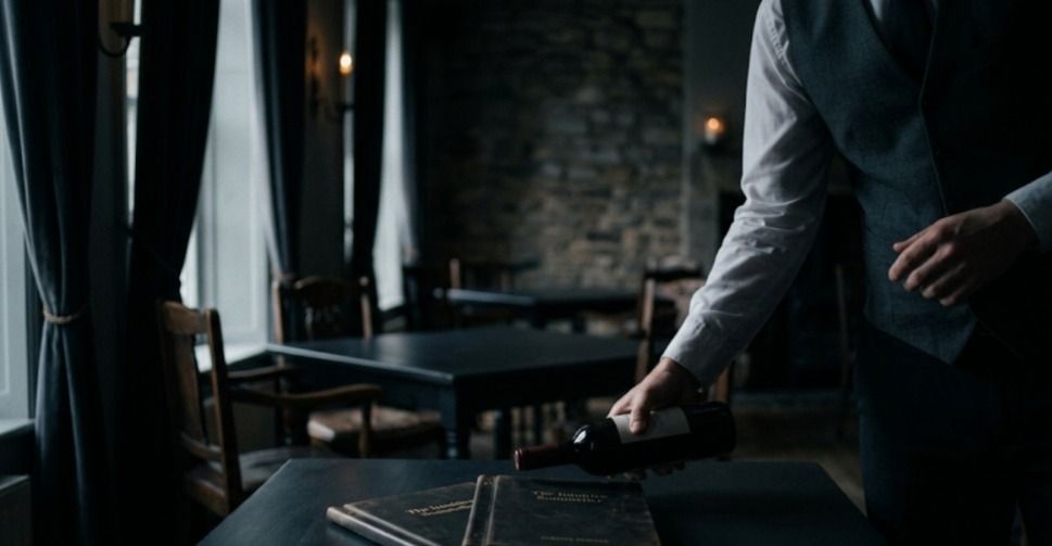 A minimalist and moody, wide-angle cinematic photograph of a high-end restaurant interior with a deeply desaturated palette of dark charcoals and midnight blues. In the foreground, a dimly lit dark wooden table holds two leather-bound menus. A sommelier, seen from the torso down in a crisp light shirt and a dark vest, subtly extends a hand to present a bottle of red wine over the table. The lighting is soft and diffused, creating heavy shadows and a quiet, melancholic editorial feel with high-quality film grain and a soft-focus lens.