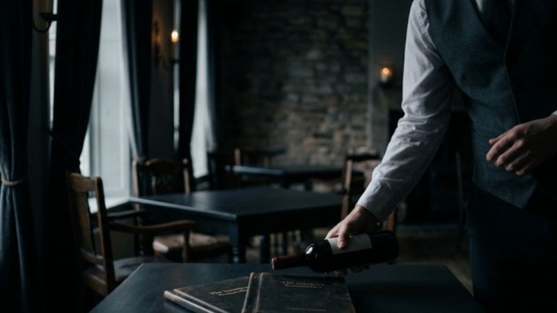 A minimalist and moody, wide-angle cinematic photograph of a high-end restaurant interior with a deeply desaturated palette of dark charcoals and midnight blues. In the foreground, a dimly lit dark wooden table holds two leather-bound menus. A sommelier, seen from the torso down in a crisp light shirt and a dark vest, subtly extends a hand to present a bottle of red wine over the table. The lighting is soft and diffused, creating heavy shadows and a quiet, melancholic editorial feel with high-quality film grain and a soft-focus lens.