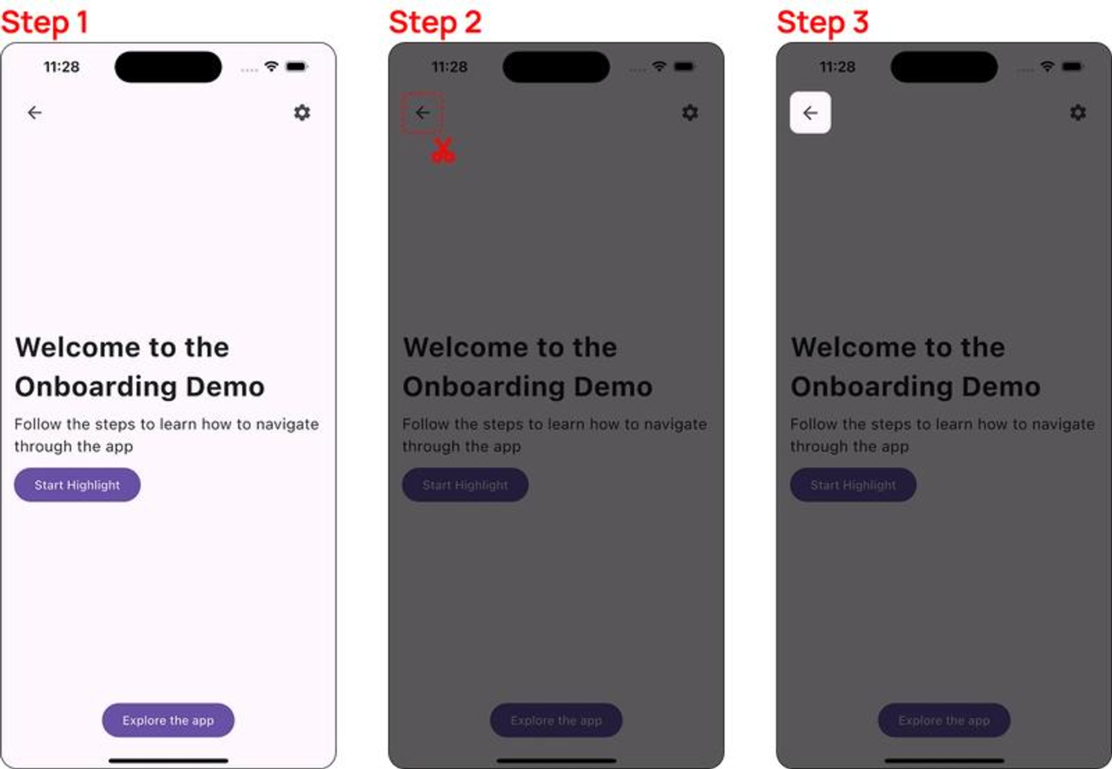A coach mark overlay that dims the interface while highlighting a specific button or navigation element, guiding the user's attention to a new feature.