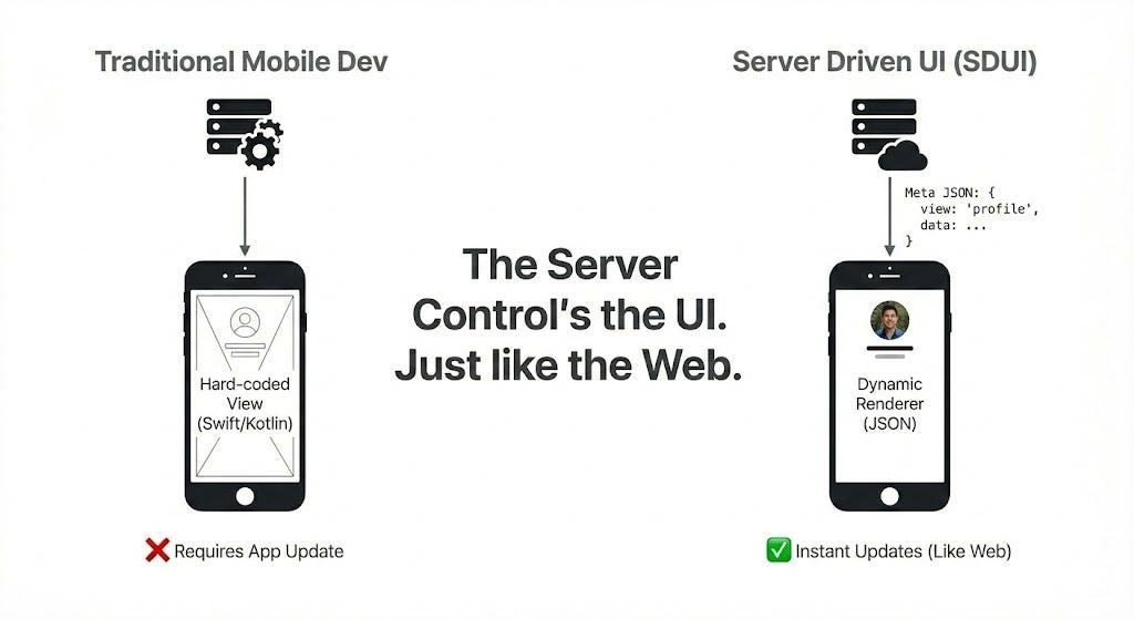 Comparison of Traditional Mobile Dev with Server Driven UI (SDUI). Traditional needs app updates; SDUI provides instant updates via JSON.