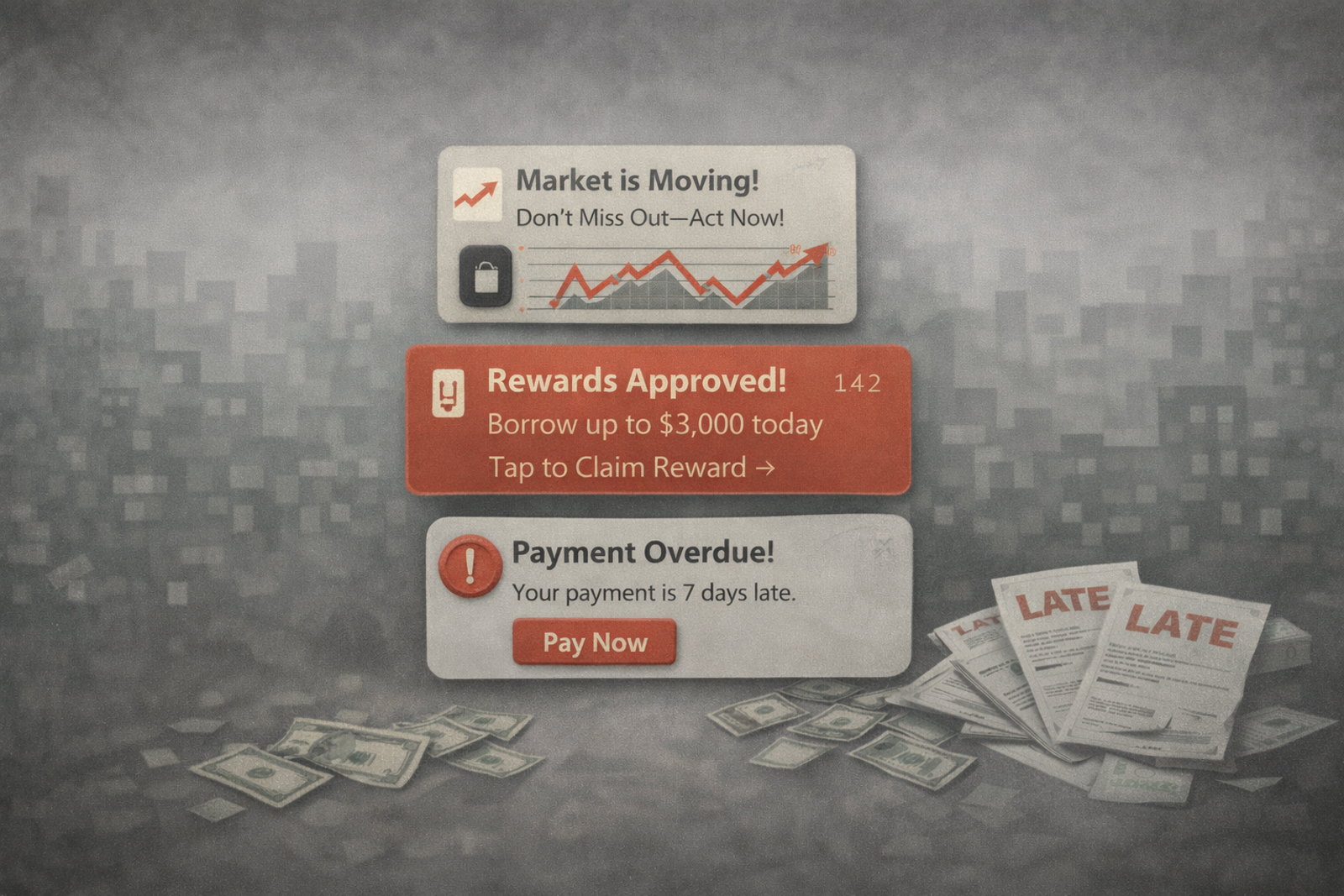 Notifications over a cityscape: "Market is Moving!" and "Rewards Approved!" with scattered cash; "Payment Overdue!" with LATE notices, evoking urgency.