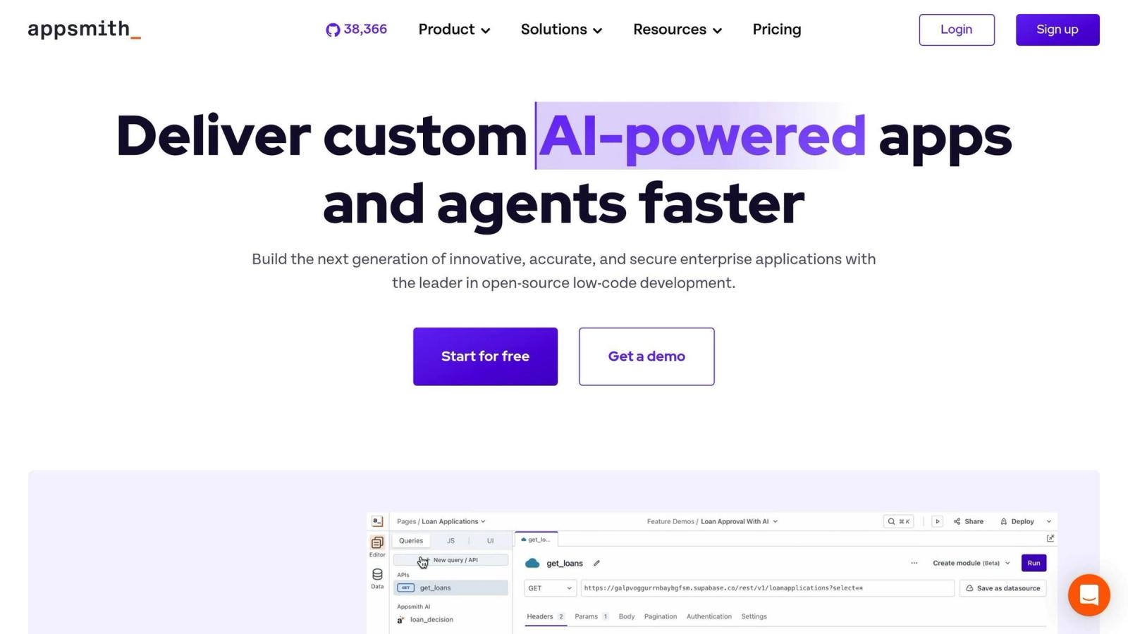 Appsmith webpage featuring "Deliver custom AI-powered apps" headline. Buttons "Start for free" and "Get a demo" are centered below.