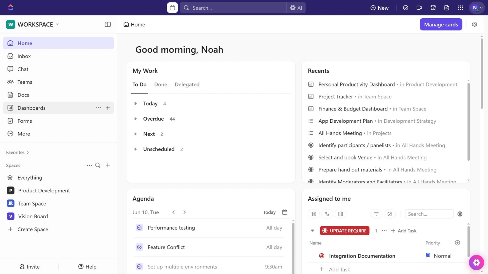 Dashboard showing sample content to help new users get started.