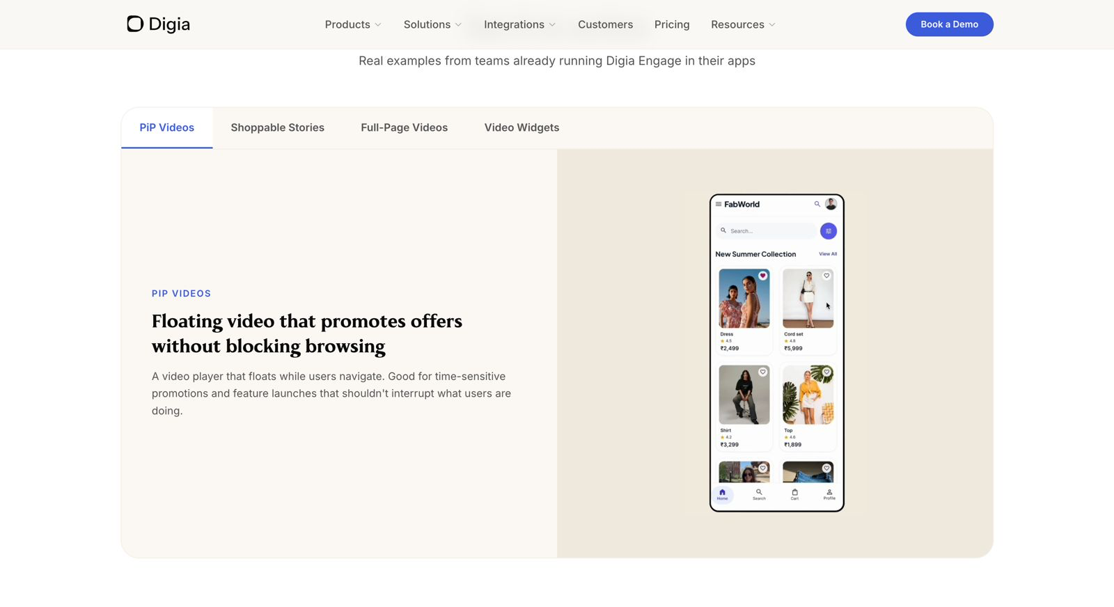 Digia in-app PiP video widget showing floating video content promoting offers within a mobile shopping app without interrupting browsing