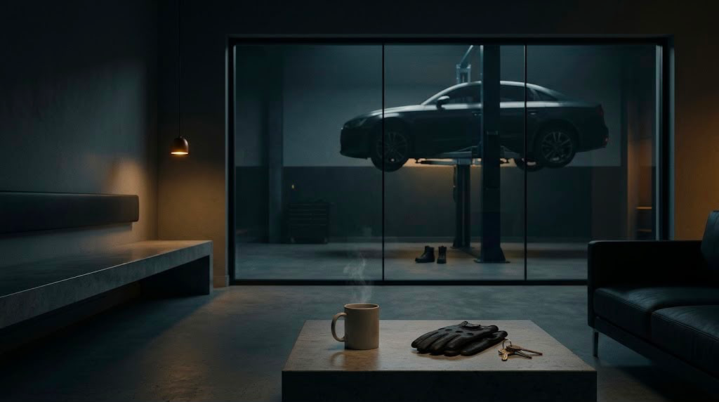A dark, minimalist scene showing a glowing, arched doorway with a shadowy figure standing inside, partially reflected on a glossy floor, creating a mysterious and atmospheric mood.