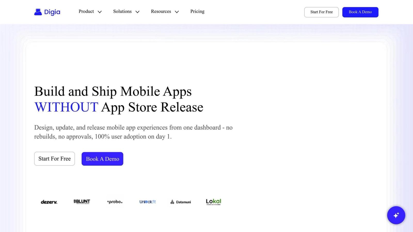 Digia webpage with options for "Product" and "Solutions." Main text promotes app building without app store release. Blue "Book A Demo" button.