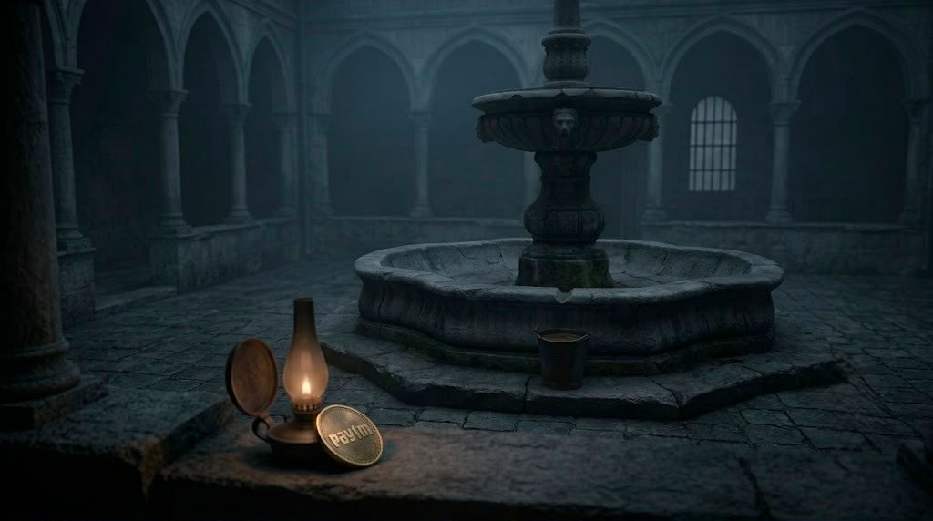 A dark, minimalist scene showing a glowing, arched doorway with a shadowy figure standing inside, partially reflected on a glossy floor, creating a mysterious and atmospheric mood.