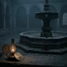 A dark, minimalist scene showing a glowing, arched doorway with a shadowy figure standing inside, partially reflected on a glossy floor, creating a mysterious and atmospheric mood.