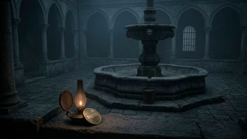 A dark, minimalist scene showing a glowing, arched doorway with a shadowy figure standing inside, partially reflected on a glossy floor, creating a mysterious and atmospheric mood.