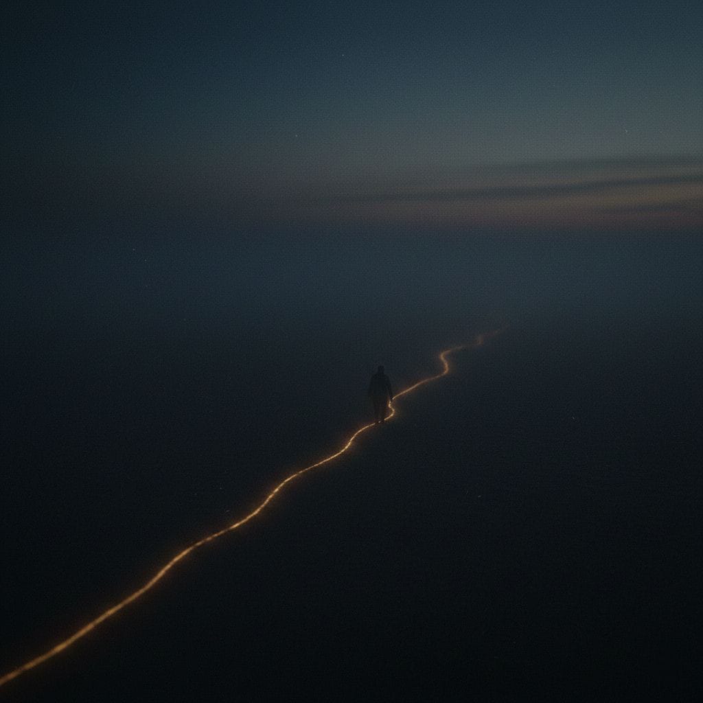 A person walks along a glowing path in a misty, dark blue landscape. Twilight sky creates a moody, mysterious atmosphere.