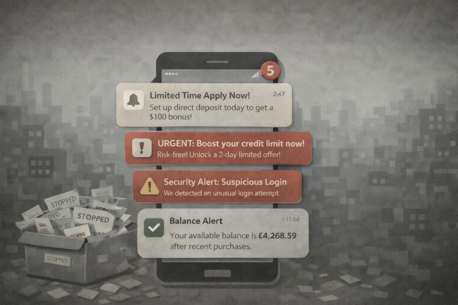 “Illustration of a smartphone overwhelmed by multiple fintech notifications, including promotional offers, urgent credit alerts, security warnings, and balance updates, conveying notification overload and user anxiety.”