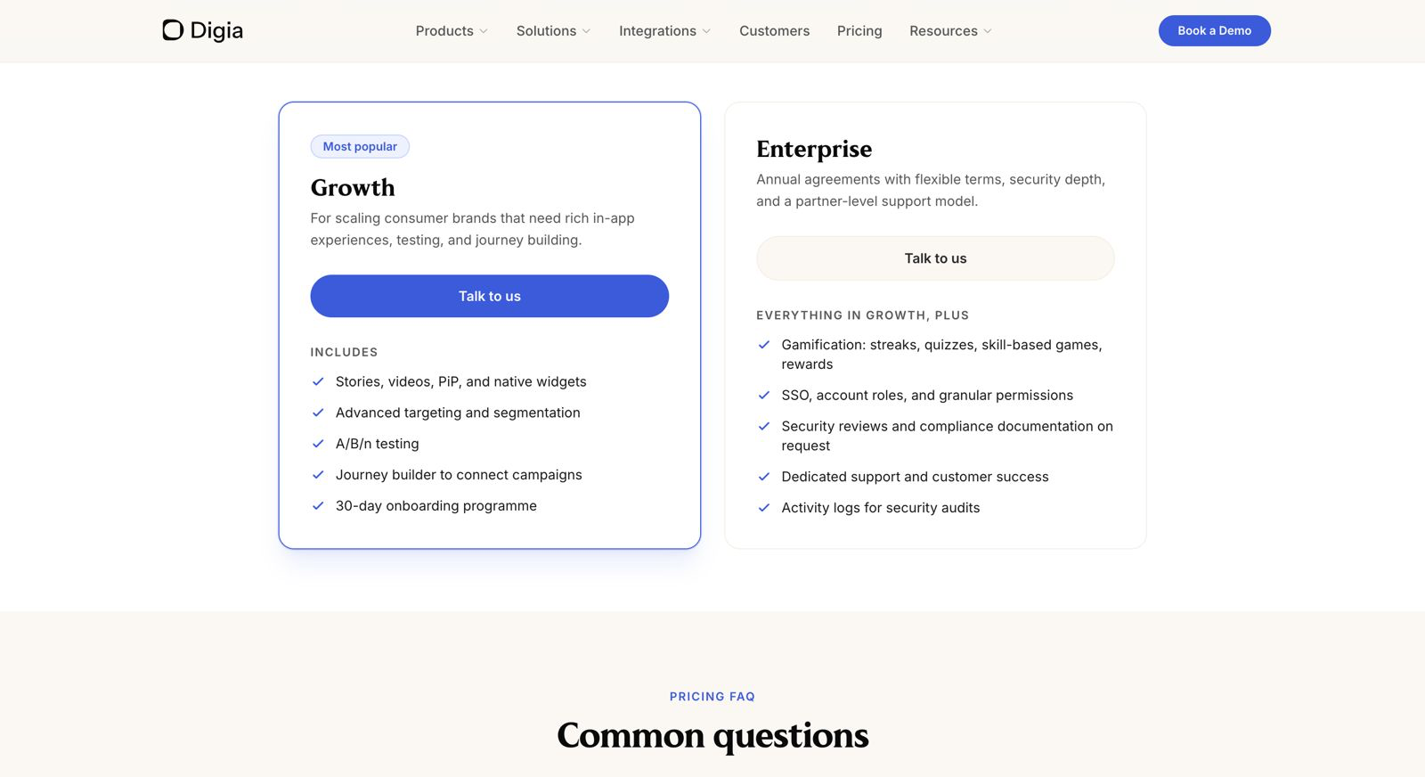 Digia pricing plans showing Growth and Enterprise tiers with features like in-app experiences, A/B testing, segmentation, onboarding, and customer support