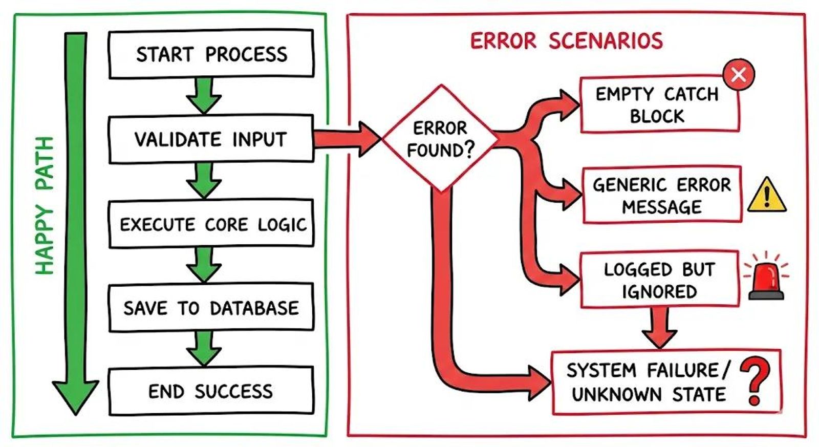 Diagram comparing happy path testing with real-world error scenarios and system failure conditions