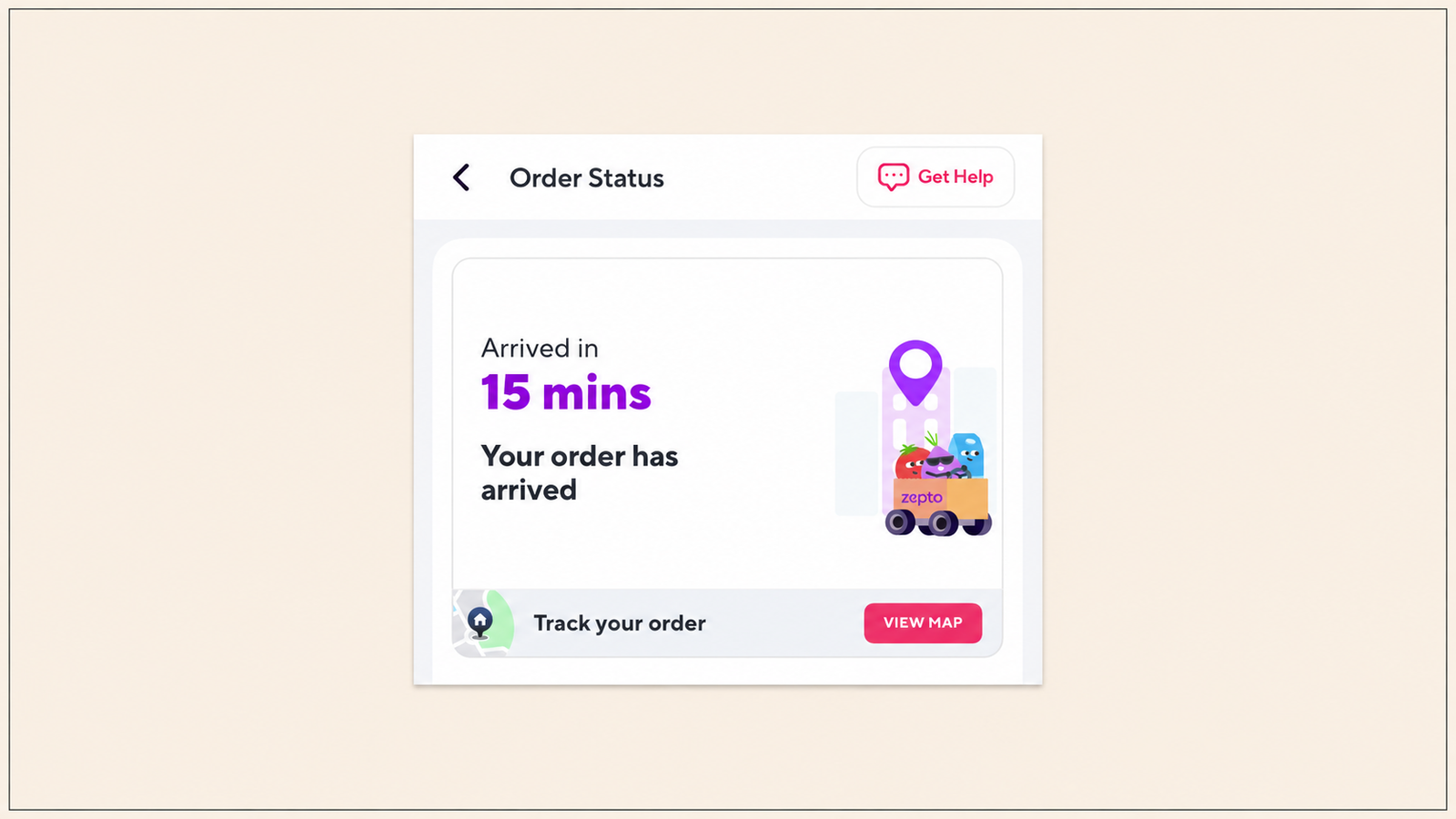 Zepto live order tracking interface showing delivery progress.