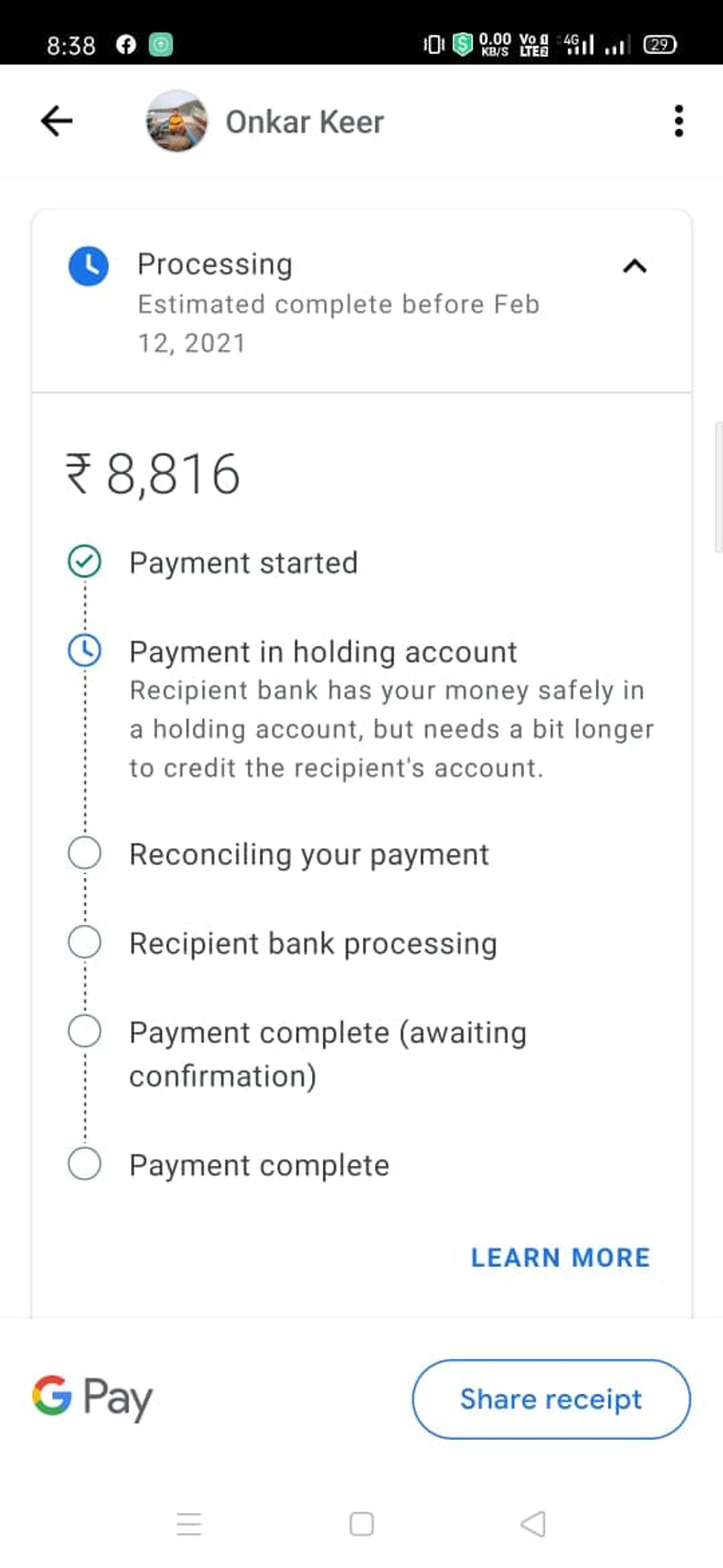 “UPI payment status screen showing a ₹8,816 transfer in processing, with a step-by-step progress timeline from payment started to payment complete, and an estimated completion date.”